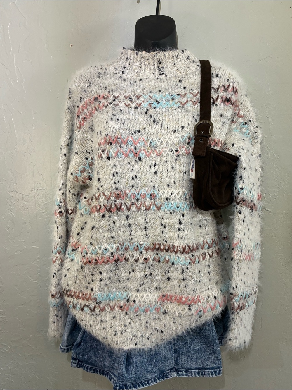 RAGA Cream Fuzzy Cowlneck Sweater with Pink, Blue & Brown Stripes